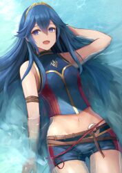 Rule 34 | 1girl, :d, :p, armlet, bikini, blue bikini, blue eyes, blue hair, blue shorts, cowboy shot, crop top, fire emblem, fire emblem awakening, fire emblem cipher, from above, hair between eyes, hand in own hair, highres, labebebe lee, long hair, looking at viewer, lucina (fire emblem), lying, midriff, navel, nintendo, official alternate costume, on back, open mouth, short shorts, shorts, sleeveless, smile, solo, stomach, swimsuit, thigh gap, tiara, tongue, tongue out, very long hair
