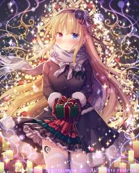 Rule 34 | 1girl, absurdly long hair, blonde hair, blue eyes, blush, bow, breasts, christmas lights, closed mouth, company name, falkyrie no monshou, gift, hairband, heterochromia, holding, holding gift, large breasts, long hair, long sleeves, looking at viewer, mittens, natsumekinoko, official art, red eyes, red mittens, ribbon, solo, thighhighs, very long hair, white bow, white ribbon, white thighhighs