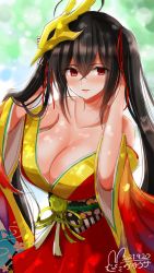 Rule 34 | 1girl, azur lane, black hair, breasts, cleavage, highres, hisin, japanese clothes, kimono, large breasts, red eyes, solo, taihou (azur lane), upper body