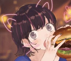 Rule 34 | 1girl, animal ears, black hair, black nails, blue shirt, blush, burger, cat ears, commentary request, eating, facial mark, fake animal ears, fingernails, food, heart, holding, holding food, looking at viewer, multicolored hair, nail polish, noco (adamas), open mouth, original, shirt, short hair, solo, streaked hair, whisker markings