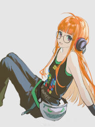 1girl absurdres ahoge bare_shoulders black-framed_eyewear black_pants black_shirt blunt_bangs glasses grey_background headphones highres invisible_chair long_hair looking_at_viewer ns404 open_mouth orange_hair pants persona persona_5 purple_eyes sakura_futaba shirt simple_background sitting sleeveless sleeveless_shirt smile solo very_long_hair