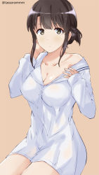 Rule 34 | 1girl, :&lt;, adjusting hair, bad id, bad pixiv id, beige background, blunt bangs, blush, breasts, cleavage, closed mouth, collarbone, commentary request, cowboy shot, dress, hand in own hair, hand on own chest, invisible chair, katou megumi, long sleeves, looking at viewer, medium breasts, saenai heroine no sodatekata, sailor collar, sailor dress, short hair with long locks, sidelocks, simple background, sitting, sleeves past wrists, solo, tareme, tasora, twitter username