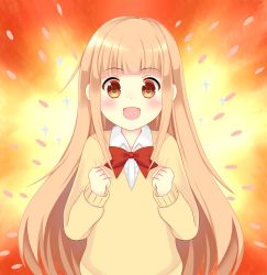 Rule 34 | 10s, 1girl, :d, absurdres, asusilver (artist), blonde hair, blunt bangs, blush, bow, bowtie, brown eyes, clenched hands, collared shirt, highres, long hair, long sleeves, miyano (tanakeda), open mouth, red bow, red bowtie, school uniform, shirt, smile, solo, sparkle, sweater, tanaka-kun wa itsumo kedaruge, very long hair, white shirt, wing collar, yellow sweater