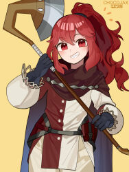 Rule 34 | 1girl, anna (fire emblem), anna (fire emblem engage), artist name, axe, bag, belt, black belt, black gloves, brown cape, brown shirt, cape, chocojax, commentary, english commentary, fire emblem, fire emblem engage, gloves, grin, hair between eyes, hair tie, highres, holding, holding axe, holding weapon, long hair, long sleeves, looking at viewer, nintendo, pants, patreon logo, ponytail, red eyes, red hair, satchel, shirt, simple background, smile, solo, teeth, twitch logo, twitter logo, two-tone shirt, weapon, white pants, white shirt, yellow background