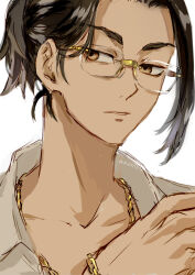 Rule 34 | 1boy, baji keisuke, bespectacled, brown eyes, chain, chain necklace, collared shirt, commentary request, glasses, gold bracelet, gold necklace, hair up, jewelry, male focus, necklace, nori20170709, shirt, sideways glance, simple background, solo, tokyo revengers, twitter username, white background