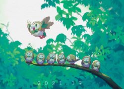 Rule 34 | beak, bird, branch, commentary request, creatures (company), dated, flying, game freak, gen 7 pokemon, green eyes, highres, leaf, nintendo, no humans, open mouth, outdoors, owl, pokemon, pokemon (creature), rowlet, shank
