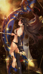 Rule 34 | 1girl, absurdres, anklet, armlet, ass, asymmetrical legwear, asymmetrical sleeves, back, bare shoulders, black hair, breasts, bridal gauntlets, detached sleeves, earrings, fate/grand order, fate (series), gold trim, heavenly boat maanna, highres, hoop earrings, ishtar (fate), jewelry, legs, long hair, looking at viewer, medium breasts, neck ring, parted bangs, red eyes, single detached sleeve, single thighhigh, sparkle, thighhighs, tiara, two side up, uneven legwear, uneven sleeves, weapon, zonotaida