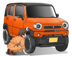 Rule 34 | 1girl, arm support, brown footwear, brown hair, car, commentary, girls und panzer, gloves, jumpsuit, logo, long sleeves, mechanic, motor vehicle, nakajima (girls und panzer), open mouth, orange jumpsuit, revision, shadow, shoes, short hair, simple background, smile, solo, sports utility vehicle, squatting, suzuki (company), suzuki hustler, tomboy, uniform, uona telepin, vehicle focus, white background, white gloves