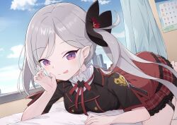 Rule 34 | 1girl, black shirt, blue archive, blush, breasts, calendar (object), closed mouth, frilled skirt, frills, grey hair, highres, indoors, long hair, medium breasts, mutsuki (blue archive), neck ribbon, pointy ears, purple eyes, red ribbon, red skirt, ribbon, shirt, short sleeves, side ponytail, skirt, smile, solo, thigh strap, tongue, tongue out, yansuiyuluo