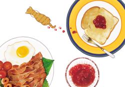 Rule 34 | bacon, bread, bread slice, cat, cherry tomato, food, food focus, fork, fried egg, from above, jam, no humans, original, paw print, plate, simple background, slothm22, toast, tomato, white background