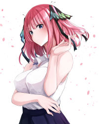 Rule 34 | 1girl, arm under breasts, bare shoulders, blue eyes, blue skirt, blunt bangs, blush, breasts, butterfly hair ornament, closed mouth, from side, frown, fuu (fuore), go-toubun no hanayome, hair flip, hair ornament, highres, large breasts, nakano nino, petals, pink hair, shirt, shirt tucked in, simple background, skirt, sleeveless, twintails, white background, white shirt