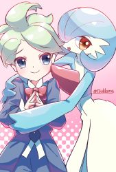 Rule 34 | 1boy, 1girl, ahoge, alternate color, arm around shoulder, artist name, black jacket, black pants, blue hair, blue skin, blush, bob cut, bow, bowtie, closed mouth, collared shirt, colored skin, cowboy shot, creatures (company), flat chest, game freak, gardevoir, gen 3 pokemon, gradient background, green hair, grey eyes, hair over one eye, hands up, happy, highres, jacket, light blush, looking at another, looking to the side, multicolored skin, nintendo, one eye covered, open mouth, own hands together, pants, pink background, pokemon, pokemon (creature), pokemon masters ex, red bow, red bowtie, red eyes, shiny pokemon, shirt, short hair, signature, simple background, smile, standing, steepled fingers, straight-on, tsukkon, twitter username, two-tone skin, wally (pokemon), white shirt, white skin