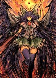 Rule 34 | 1girl, arm cannon, bird wings, black hair, black thighhighs, black wings, bow, cape, closed mouth, commentary, frilled skirt, frills, green bow, green skirt, hair bow, long hair, looking at viewer, moto murabito, red eyes, reiuji utsuho, shirt, short sleeves, skirt, solo, standing, thighhighs, third eye, touhou, weapon, white cape, white shirt, wings