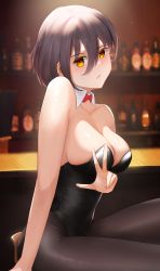 Rule 34 | 1girl, absurdres, alcohol, animal ears, bar (place), black leotard, black pantyhose, bow, bowtie, breasts, brown hair, chinese commentary, cleavage, commentary request, counter, cowboy shot, detached collar, highres, kom-fan, large breasts, leotard, liquor, original, pantyhose, playboy bunny, red bow, red bowtie, shelf, short hair, sitting, solo, strapless, strapless leotard, yellow eyes