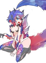 Rule 34 | 1girl, absurdres, ahoge, arm support, bad id, bad pixiv id, between legs, black thighhighs, blue eyes, blue hair, breasts, claws, commentary request, dokomon, fangs, glavenus, gradient hair, hair between eyes, hand between legs, highres, horns, korean commentary, looking away, looking back, monster girl, monster hunter (series), multicolored hair, open mouth, red hair, scales, simple background, small breasts, solo, squatting, tail, tail raised, teeth, thighhighs, upper teeth only, white background