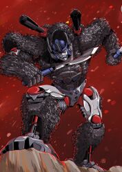 Rule 34 | absurdres, beast wars, beast wars: transformers, clenched teeth, dual wielding, head tilt, highres, holding, holding sword, holding weapon, leaning forward, looking at viewer, maximal, mecha, nasutetsu, no humans, optimal optimus, red background, red eyes, robot, solo, sword, teeth, transformers, weapon