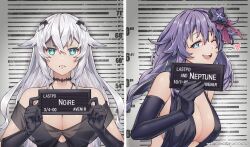 Rule 34 | 2girls, aqua eyes, barbie (franchise), barbie (live action), barbie mugshot (meme), bare shoulders, black heart (neptunia), blush, breasts, card, character name, cleavage, cleavage cutout, clothing cutout, elbow gloves, english text, ge-b, gloves, hair between eyes, hair ornament, height chart, height mark, highres, holding, holding card, holding sign, large breasts, long hair, looking at viewer, meme, mugshot, multiple girls, nameplate, neptune (series), open mouth, power symbol, power symbol-shaped pupils, purple heart (neptunia), sign, smile, sweatdrop, symbol-shaped pupils, teeth, upper body, very long hair, wall, white hair