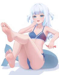 1girl absurdres bare_arms bare_legs barefoot bikini blue_eyes blue_hair blue_nails breasts feet fins fish_tail flat_chest fpvjoe full_body gawr_gura highres holding hololive hololive_english looking_at_viewer multicolored_hair nail_polish open_mouth shark_tail sharp_teeth simple_background smile soles solo stomach streaked_hair swimsuit tail teeth thighs toes unfinished virtual_youtuber white_background