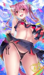 Rule 34 | 1girl, alternate costume, animal ear fluff, animal ears, azur lane, bell, black panties, blush, breasts, cat ears, cat girl, cat tail, censored, cheerleader, clothes lift, commission, crop top, crop top overhang, fang, from below, hair between eyes, hair ornament, hairclip, hatsushimo (azur lane), heart, heart censor, highres, looking to the side, macaroni hourensou, medium breasts, navel, neck bell, open mouth, panties, pink hair, pom pom (cheerleading), red eyes, side-tie panties, signature, skeb commission, skin fang, skirt, skirt lift, solo, sweat, tail, underboob, underwear