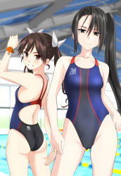 Rule 34 | 2girls, absurdres, alternate costume, ass, black hair, black one-piece swimsuit, blue sky, blurry, breasts, brown eyes, brown hair, cloud, competition swimsuit, contrapposto, day, depth of field, from behind, gluteal fold, grin, hair between eyes, hair ribbon, highleg, highleg swimsuit, highres, indoors, kantai collection, long hair, looking at viewer, looking back, multicolored clothes, multicolored swimsuit, multiple girls, nachi (kancolle), one-piece swimsuit, outdoors, pool, ribbon, side ponytail, sky, small breasts, smile, swimsuit, takafumi, tone (kancolle), twintails, very long hair, wristband