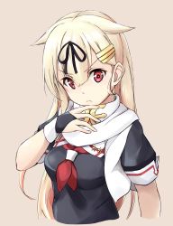 Rule 34 | 1girl, black ribbon, black serafuku, blonde hair, commentary request, fingerless gloves, frown, gloves, gradient hair, hair flaps, hair ornament, hair ribbon, hairclip, highres, kantai collection, long hair, looking at viewer, minosu, multicolored hair, neckerchief, pink background, red eyes, red neckerchief, ribbon, scarf, school uniform, serafuku, simple background, solo, straight hair, upper body, white scarf, yuudachi (kancolle), yuudachi kai ni (kancolle)