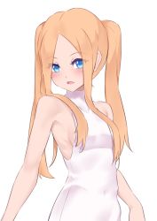 Rule 34 | 1girl, abigail williams (fate), blonde hair, blue eyes, blush, breasts, covered navel, fate/grand order, fate (series), forehead, highres, jilu, long hair, looking at viewer, one-piece swimsuit, open mouth, parted bangs, sidelocks, small breasts, smile, solo, swimsuit, twintails, white one-piece swimsuit