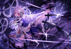 Rule 34 | 1girl, apron, bad id, bad pixiv id, between fingers, grey hair, holding, holding knife, holding weapon, izayoi sakuya, knife, lo-ta, looking at viewer, maid, maid apron, maid headdress, purple theme, red eyes, short hair, solo, touhou, weapon, wheel