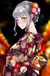 Rule 34 | 1girl, alternate costume, alternate hairstyle, blush, carmilla (fate), celtic cross, commentary, commentary request, cross, cross earrings, earrings, english commentary, fate/grand order, fate (series), floral print, flower, green nails, grey hair, hair flower, hair ornament, hair up, highres, japanese clothes, jewelry, kimono, looking at viewer, monkey jon, nail polish, print kimono, sidelocks, solo, upper body, yellow eyes, yukata