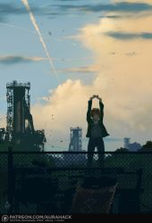 Rule 34 | 1girl, arms up, aurahack, cloud, fence, goggles, goggles on head, industrial, jacket, motion blur, orange hair, original, pants, signature, sky, solo, star (symbol), stretching, watermark, web address