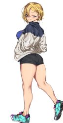 Rule 34 | 1girl, ass, back, blonde hair, blue eyes, blush, breasts, ear piercing, hands in pockets, highres, jacket, large breasts, legs, looking at viewer, looking back, mole, mole under eye, original, pantylines, piercing, shoes, short hair, shorts, simple background, smile, sneakers, solo, standing, thick thighs, thighs, urec, white background