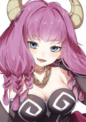 Rule 34 | 1girl, absurdres, adjusting hair, armpit crease, aura (sousou no frieren), blue eyes, blush, braid, breasts, cleavage, collarbone, demon horns, elbow gloves, gloves, gorget, highres, horns, ika esu, jewelry, large breasts, looking at viewer, medium hair, multiple braids, neck ring, open mouth, purple hair, simple background, solo, sousou no frieren, white background