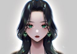 Rule 34 | 1girl, bitaro, black hair, earrings, eyelashes, gem, green eyes, green gemstone, grey background, highres, jewelry, lips, lipstick, looking at viewer, makeup, original, portrait, red lips, solo, sparkle, straight-on