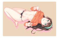 Rule 34 | 1girl, alternate costume, aqua eyes, aqua hairband, bare legs, barefoot, black hair, black panties, breasts, brown background, clothes lift, full body, glasses, groin, hairband, kantai collection, lifted by self, long hair, long sleeves, lying, navel, no bra, no pants, on back, ooyodo (kancolle), orange sweater, panties, parted lips, ribbed sweater, rimless eyewear, simple background, small breasts, smile, solo, stomach, sweater, sweater lift, thighs, turtleneck, turtleneck sweater, underboob, underwear, yuuji (and)