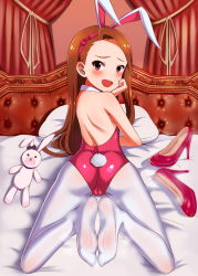 Rule 34 | 1girl, :d, animal ears, ass, backless outfit, bad id, bad pixiv id, bed, bed sheet, brown eyes, brown hair, elbow rest, fake animal ears, feet, feet together, from behind, full body, head rest, idolmaster, idolmaster (classic), kkroe, kkyun, knees apart feet together, legs up, leotard, long hair, looking at viewer, lying, minase iori, no shoes, on stomach, open mouth, pantyhose, playboy bunny, rabbit ears, shoes, unworn shoes, smile, soles, solo, the pose, white pantyhose