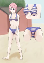 Rule 34 | 1girl, ahoge, arucaxis, bare legs, barefoot, bikini, breasts, cleft of venus, closed mouth, collarbone, feet, female focus, full body, gluteal fold, highres, medium breasts, medium hair, multiple views, navel, original, outdoors, pink hair, purple eyes, pussy, sand, see-through, see-through bikini, see-through swimsuit, standing, striped bikini, striped clothes, swimsuit, toes, uncensored