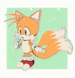 Rule 34 | 1boy, animal ears, animal nose, banri 0917, body fur, border, candy, chromatic aberration, commentary request, food, fox boy, fox ears, fox tail, full body, furry, furry male, gloves, green background, grey eyes, holding, holding candy, holding food, holding lollipop, korean commentary, lollipop, male focus, multiple tails, open mouth, outside border, red footwear, shoes, simple background, solo, sonic (series), sonic the hedgehog (classic), standing, tail, tails (sonic), two tails, white border, white gloves