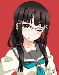 Rule 34 | 1girl, 2017, ;), alternate hairstyle, aqua neckerchief, bespectacled, blush, brown hair, closed mouth, collarbone, dated, glasses, green eyes, hair over shoulder, kurosawa dia, long hair, looking at viewer, love live!, love live! sunshine!!, low twintails, mole, mole under mouth, neckerchief, one eye closed, over-rim eyewear, red-framed eyewear, red background, school uniform, semi-rimless eyewear, serafuku, signature, simple background, sketch, smile, solo, takeya yuuki, twintails, upper body, uranohoshi school uniform