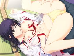 Rule 34 | 1boy, 1girl, black hair, blush, bow, bow panties, breasts, brown eyes, game cg, iizuki tasuku, izumi wakoto, japanese clothes, large breasts, long hair, lovely x cation 2, navel, nipples, open clothes, open mouth, panties, parted lips, ribbon-trimmed sleeves, ribbon trim, smile, underwear, wide sleeves, yellow panties