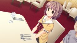 Rule 34 | 10s, 1girl, brown eyes, brown hair, chair, game cg, highres, kitami minamo, koutaro, protagonist (tropical vacation), short hair, smile, table, tropical kiss, tropical vacation, twinkle (company)