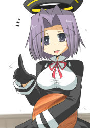 Rule 34 | 10s, 1girl, black gloves, breasts, gloves, goma (gomasamune), halo, holding, kantai collection, long sleeves, mechanical halo, medium breasts, mole, mole under eye, open mouth, purple eyes, purple hair, short hair, smile, solo, tatsuta (kancolle), tray