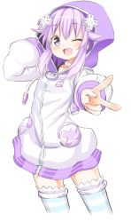 Rule 34 | 1girl, bad id, bad twitter id, blush, cowboy shot, d-pad, highres, looking at viewer, neptune (neptunia), neptune (series), niwaka potato, open mouth, parka, purple eyes, purple hair, shin jigen game neptune vii, simple background, smile, solo, striped clothes, striped thighhighs, thighhighs, v, white background