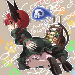 Rule 34 | 1girl, animal ears, ass, bloomers, bow, braid, cat ears, cat tail, dress, from below, kaenbyou rin, multiple tails, nekomata, profile, red eyes, red hair, shoes, skull, tail, touhou, twin braids, umigarasu (kitsune1963), underwear
