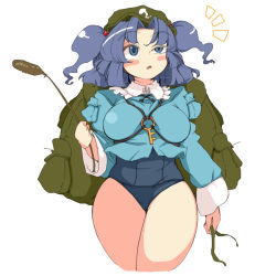Rule 34 | 1girl, backpack, bag, black hair, blue eyes, blue hair, blush stickers, breasts, cattail, curvy, female focus, hair intakes, hat, kawashiro nitori, key, large breasts, matching hair/eyes, no pants, one-piece swimsuit, plant, plump, school swimsuit, short hair, simple background, solo, swimsuit, swimsuit under clothes, thick thighs, thighs, toriga naku, touhou, twintails, two side up, uneven eyes, white background, wide hips