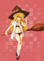 Rule 34 | 1girl, bad id, bad pixiv id, black panties, blonde hair, bra, braid, broom, female focus, full body, hair ribbon, hat, highres, inuyou, kirisame marisa, lingerie, long hair, mary janes, navel, open clothes, open shirt, panties, ribbon, shirt, shoes, socks, solo, touhou, underwear, witch, witch hat, yellow eyes