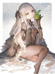 Rule 34 | 1girl, absurdres, apple, arm up, black pantyhose, bodystocking, bow, breasts, closed mouth, collar, commentary, feet, food, framed, fruit, gloves, green apple, grey background, grey hair, hair ornament, highres, holding, holding food, holding fruit, long hair, looking at viewer, medium breasts, messikid, no shoes, original, outside border, pantyhose, parted bangs, ponytail, sidelocks, signature, simple background, sitting, solo, symbol-only commentary, very long hair, weibo logo, weibo watermark, yellow eyes