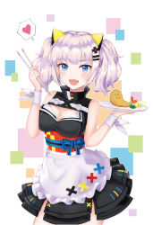 Rule 34 | 1girl, :d, animal ears, apron, bare shoulders, black dress, blue eyes, blue ribbon, blunt bangs, blush, breasts, cat ears, chopsticks, cleavage, colored eyelashes, cowboy shot, d-pad, d-pad hair ornament, dew (7302235), dress, fake animal ears, fang, food, frilled apron, frills, hair ornament, hairclip, heart, highres, holding, holding chopsticks, holding plate, kaguya luna, layered dress, long hair, looking at viewer, medium breasts, multicolored background, obi, open mouth, plate, ribbon, sash, short twintails, sleeveless, sleeveless dress, smile, solo, speech bubble, spoken heart, tempura, the moon studio, twintails, virtual youtuber, waist apron, white apron, white ribbon, wrist ribbon