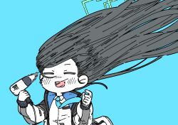 Rule 34 | 1girl, absurdly long hair, aris (blue archive), black hair, blue archive, blue background, blue necktie, blush, closed eyes, collared shirt, ganbarutoufu, highres, jacket, long hair, long sleeves, necktie, open clothes, open jacket, open mouth, shirt, simple background, smile, solo, upper body, very long hair, white jacket, white shirt