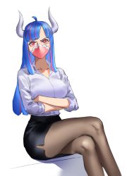 Rule 34 | ahoge, black skirt, blue hair, breasts, crossed arms, crossed legs, horns, large breasts, mask, mouth mask, multicolored hair, one piece, pantyhose, pencil skirt, raine (acke2445), red eyes, shirt, simple background, sketch, skirt, sleeves rolled up, two-tone hair, ulti (one piece), white background, white shirt