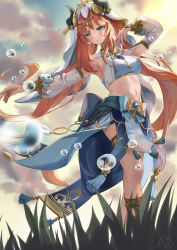 Rule 34 | 1girl, absurdres, arabian clothes, armpits, blue skirt, blurry, blurry foreground, blush, brooch, closed mouth, clothing cutout, cloud, crop top, dancer, floating hair, genshin impact, gold trim, grass, green eyes, hand up, harem outfit, highres, horns, jewelry, komiya latte, long hair, long sleeves, looking to the side, low twintails, navel, neck ring, nilou (genshin impact), outdoors, outstretched arm, pelvic curtain, puffy long sleeves, puffy sleeves, red hair, shirt, skirt, sky, smile, standing, stomach, tassel, thighlet, twintails, vambraces, veil, very long hair, vision (genshin impact), water drop, white headdress, white shirt