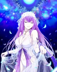 Rule 34 | 1girl, bead bracelet, beads, bikini, bracelet, breasts, bridal veil, brooch, cleavage, closed eyes, dress, fate/grand order, fate (series), flower, forest, hair flower, hair ornament, heart, heart brooch, highres, jewelry, kino kokko, large breasts, moon, nature, night, one-piece swimsuit, outdoors, purple hair, revision, scathach (fate), scathach skadi (fate), scathach skadi (swimsuit ruler) (fate), scathach skadi (swimsuit ruler) (third ascension) (fate), skirt hold, smile, solo, swimsuit, tree, veil, wedding dress, white bikini, white flower, white one-piece swimsuit